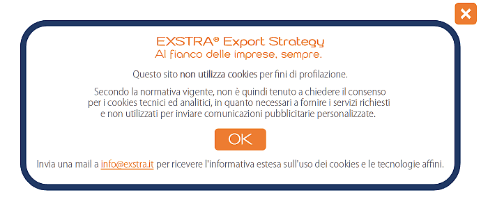 EXSTRA Export Strategy Al fianco delle imprese, sempre. Questo sito non utilizza cookies per fini di profilazione.